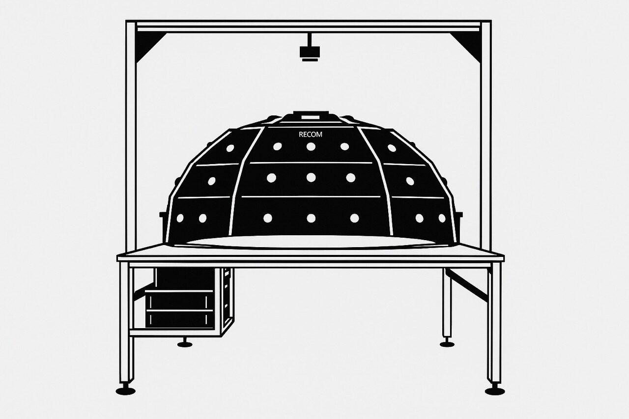 DOM-Scanner Kompaktsystem zur fotografischen Kunstdigitalisierung im Mittelformat mit Hilfe von 60 unabhängig steuerbaren LED-Lämpchen, hier als technische Zeichnung dargestellt.