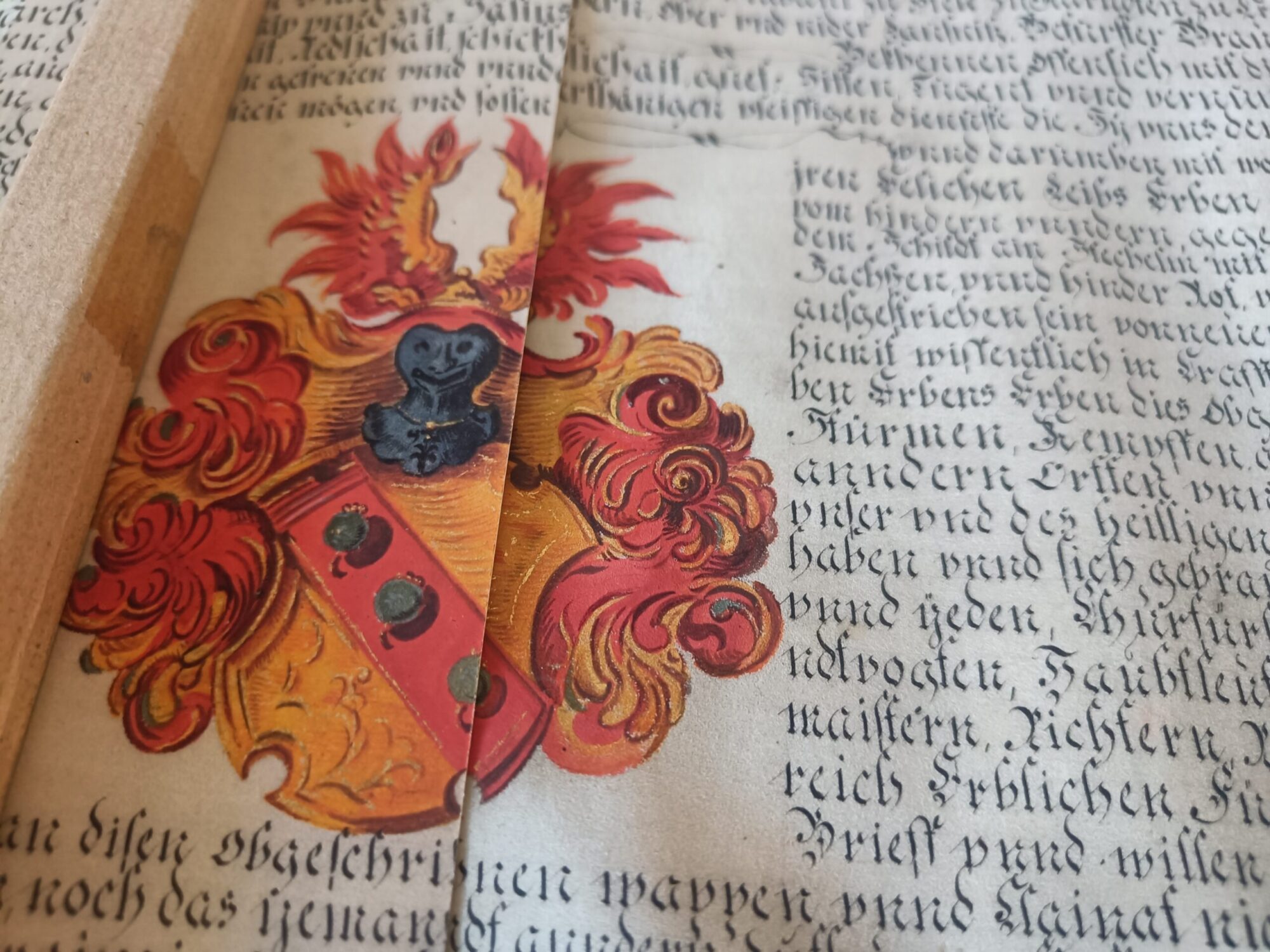 Detailvergleich Adelsurkunde – Original und Fine Art Reproduktion, illuminiertes Wappen, recom art care