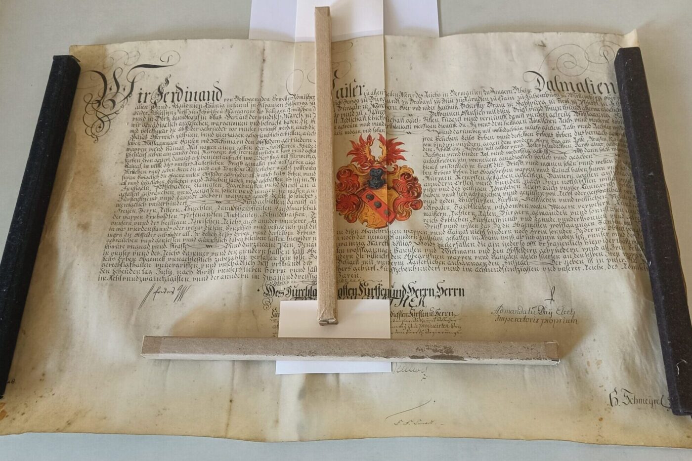 Adelsurkunde aus dem 16. Jahrhundert auf dem Scantisch – Digitalisierung bei recom art care Berlin